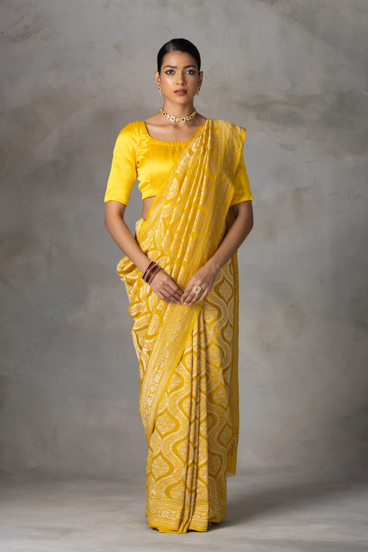 Sunshine Yellow Banarasi Georgette (Chiffon) Saree with Golden Zari Weaving