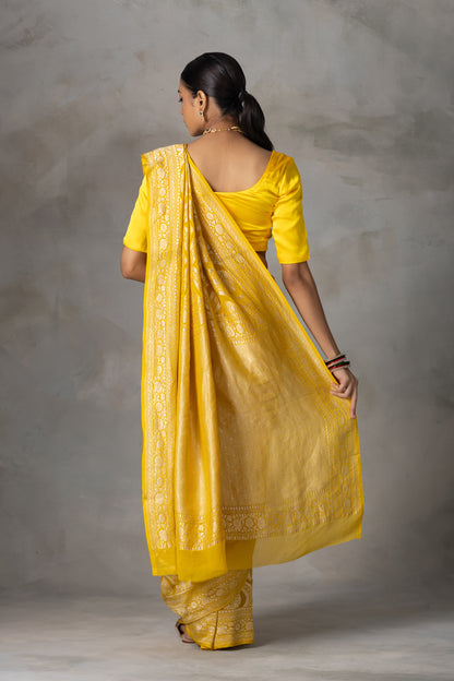 Sunshine Yellow Banarasi Georgette (Chiffon) Saree with Golden Zari Weaving