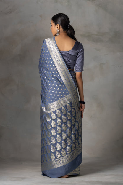 Royal Grey Banarasi Art Silk Saree with Fine Zari Buties