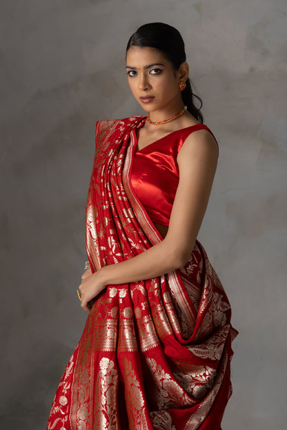 Red Rose Banarasi Handloom Silk Saree with Gold Zari Weaving