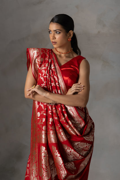 Red Rose Banarasi Handloom Silk Saree with Gold Zari Weaving