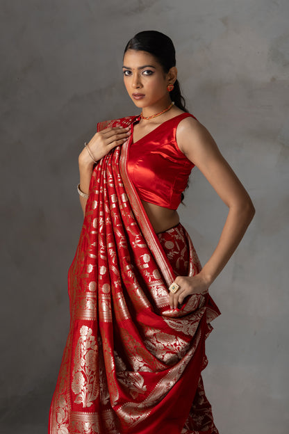 Red Rose Banarasi Handloom Silk Saree with Gold Zari Weaving