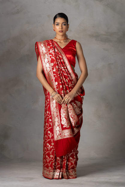 Red Rose Banarasi Handloom Silk Saree with Gold Zari Weaving