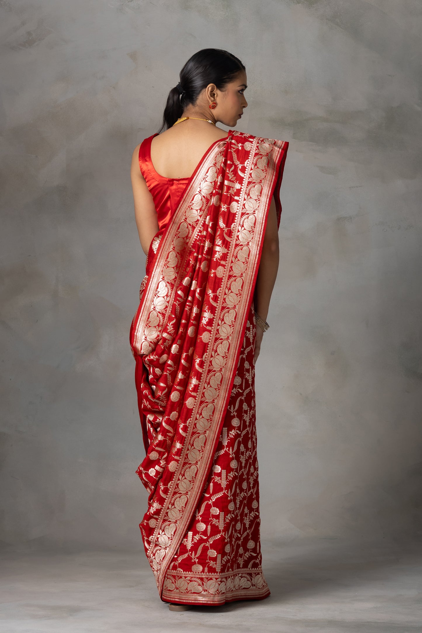 Red Rose Banarasi Handloom Silk Saree with Gold Zari Weaving