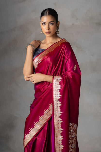 Magenta Banarasi Silk Saree with Golden Zari Border & Pallu