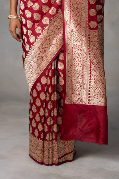 Deep Maroon Kadilyal Banarasi Silk Saree with Golden Zari Work