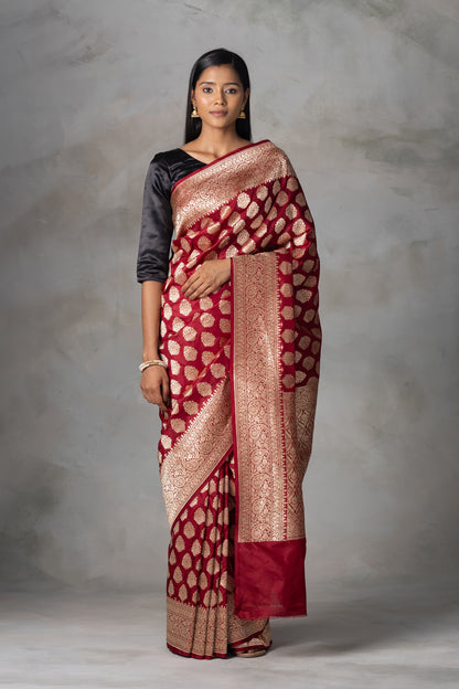 Deep Maroon Kadilyal Banarasi Silk Saree with Golden Zari Work