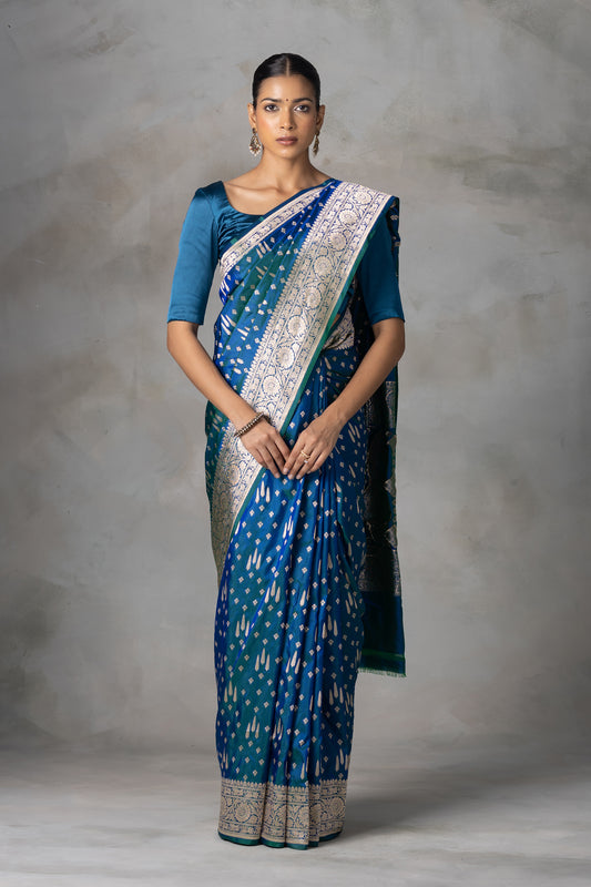 Exquisite Teal & Blue Handwoven Silk Saree