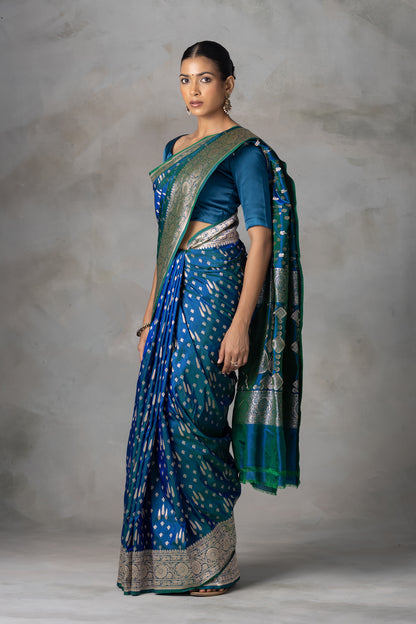 Exquisite Teal & Blue Handwoven Silk Saree