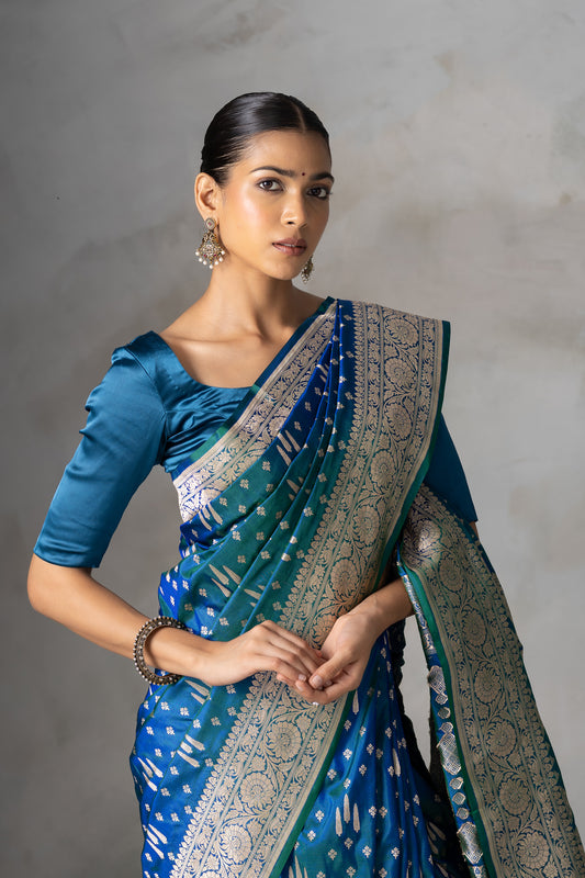 Exquisite Teal & Blue Handwoven Silk Saree