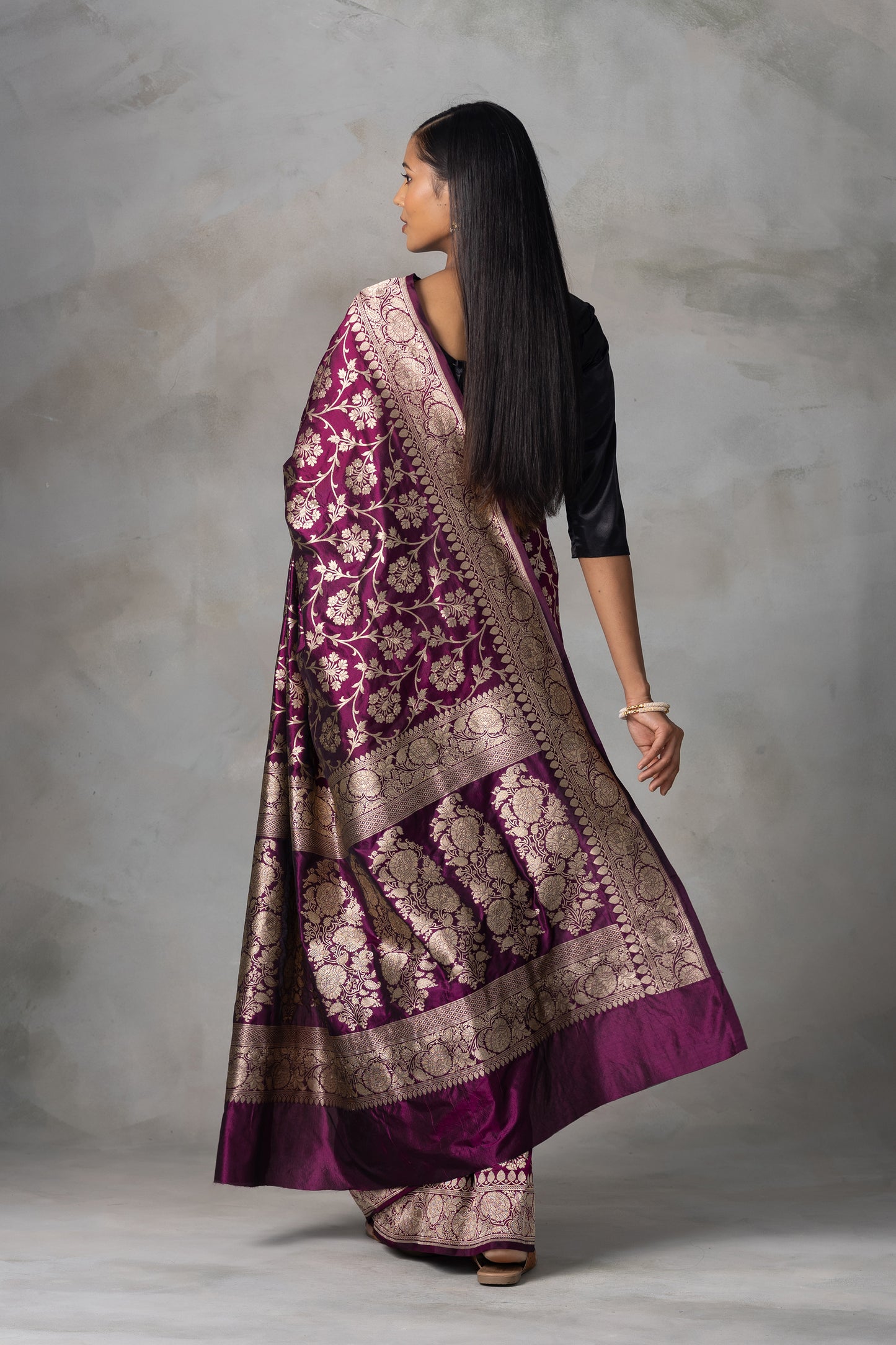 Elegant Burgundy Banarasi Silk Saree with Gold Zari Floral Jaal