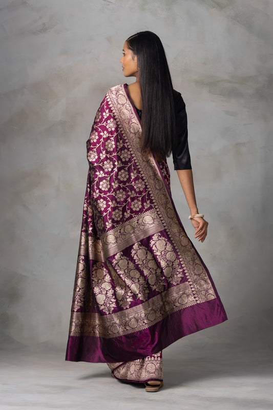 Elegant Burgundy Banarasi Silk Saree with Gold Zari Floral Jaal