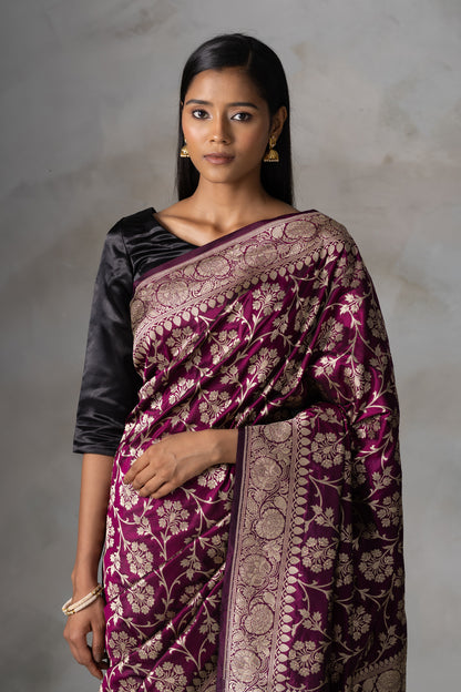Elegant Burgundy Banarasi Silk Saree with Gold Zari Floral Jaal