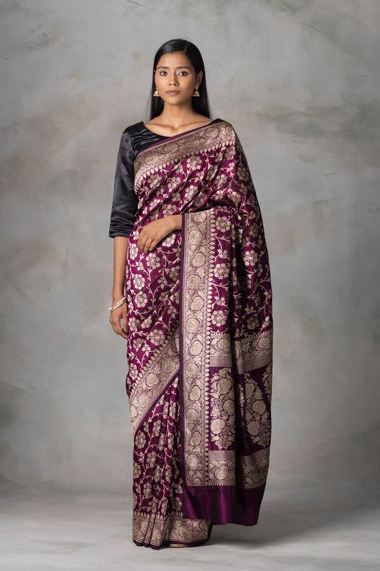 Elegant Burgundy Banarasi Silk Saree with Gold Zari Floral Jaal