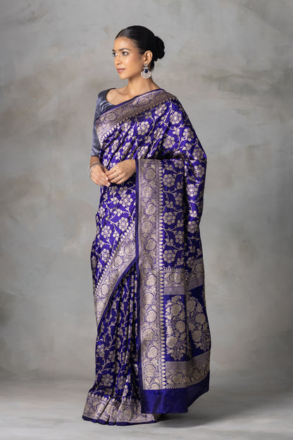 Royal Blue Banarasi Silk Saree with Gold Zari Floral Jaal