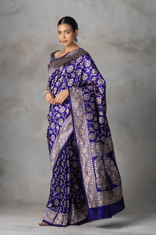 Royal Blue Banarasi Silk Saree with Gold Zari Floral Jaal