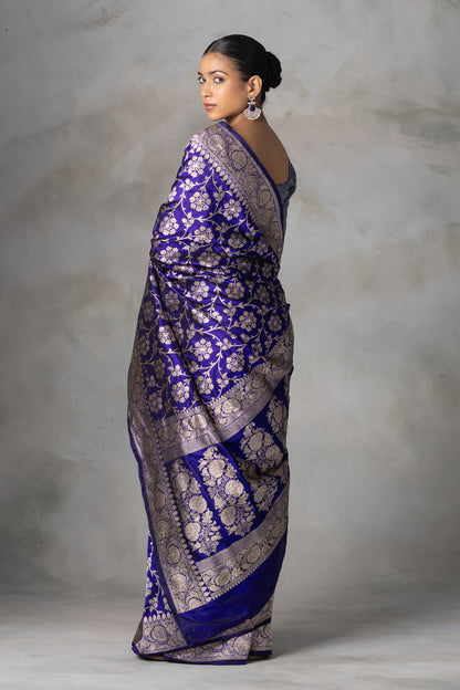 Royal Blue Banarasi Silk Saree with Gold Zari Floral Jaal