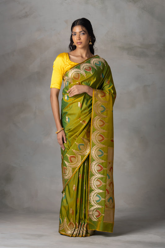 Olive Green Banarasi Silk Saree with Multicolour Leaf Motifs