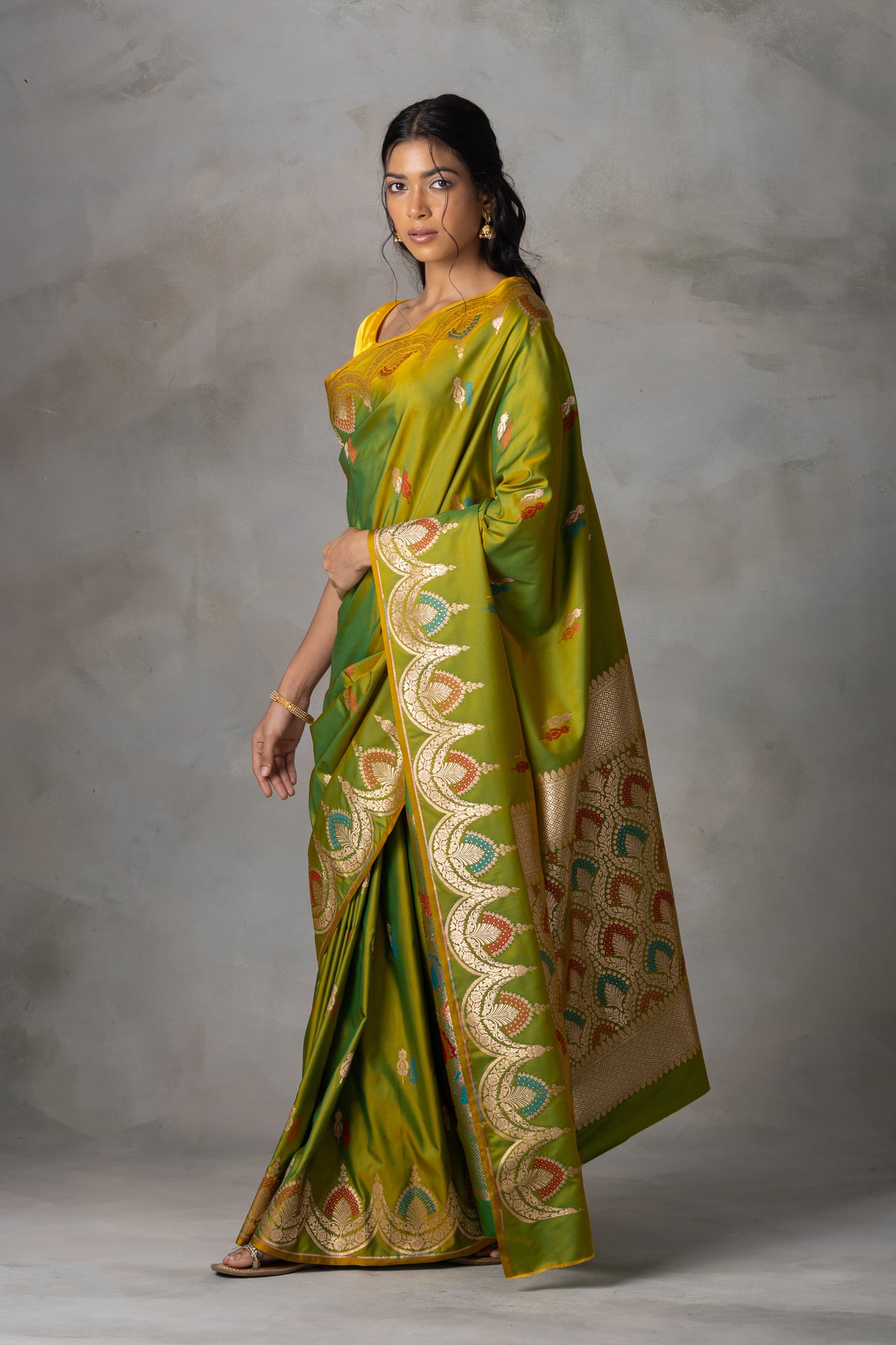 Olive Green Banarasi Silk Saree with Multicolour Leaf Motifs