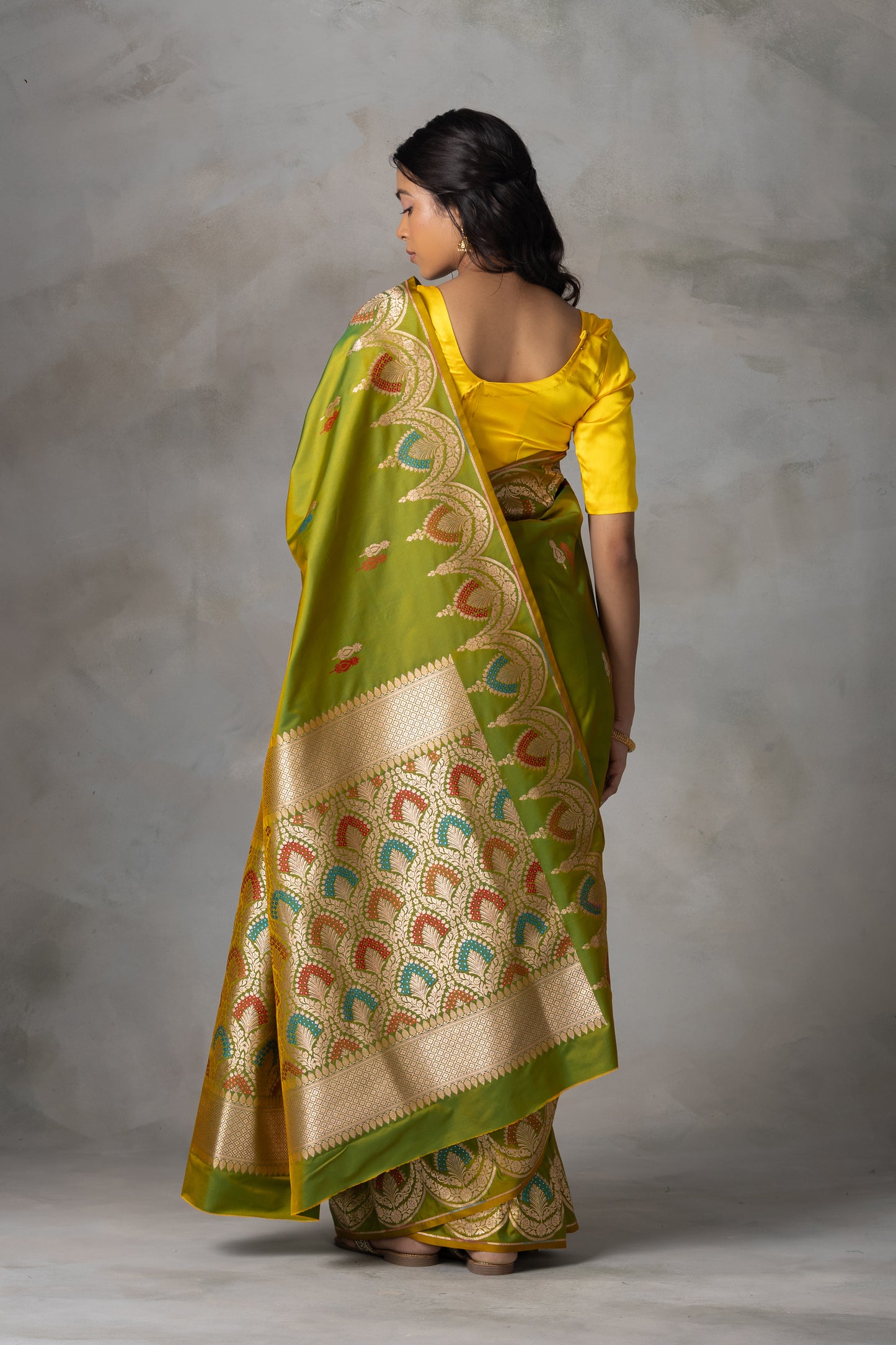 Olive Green Banarasi Silk Saree with Multicolour Leaf Motifs