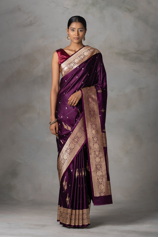 Plum Banarasi Silk Saree with Antique Gold & Silver Zari Detailing