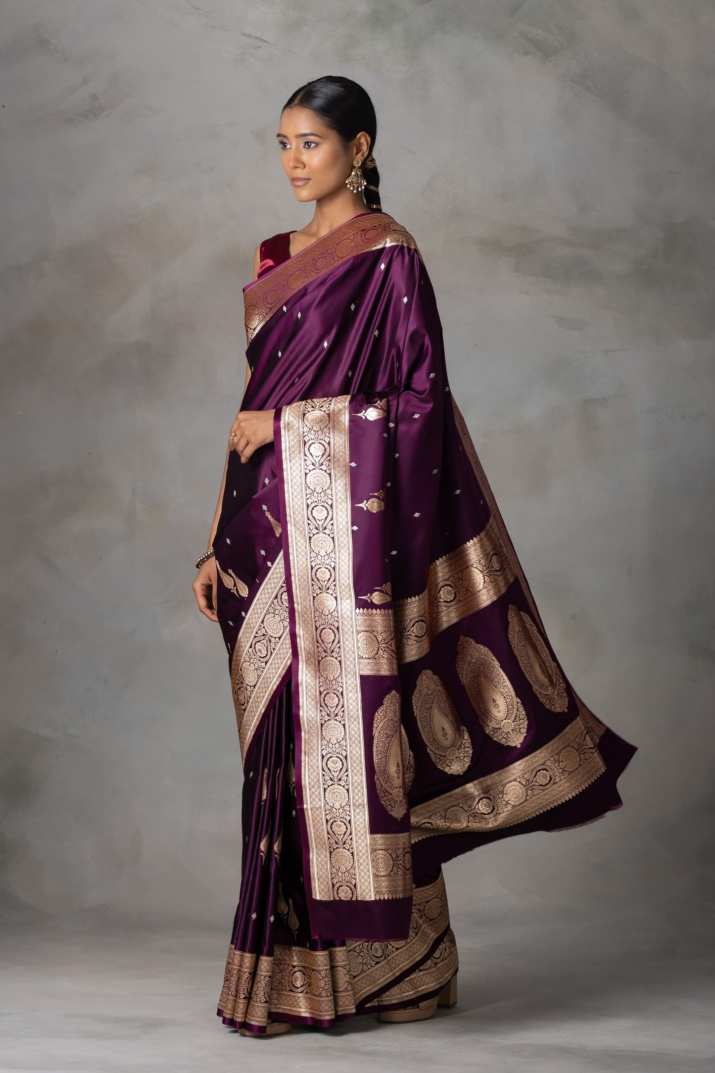 Plum Banarasi Silk Saree with Antique Gold & Silver Zari Detailing