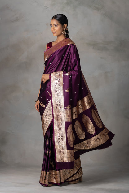 Plum Banarasi Silk Saree with Antique Gold & Silver Zari Detailing