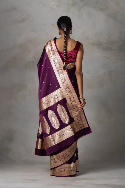 Plum Banarasi Silk Saree with Antique Gold & Silver Zari Detailing