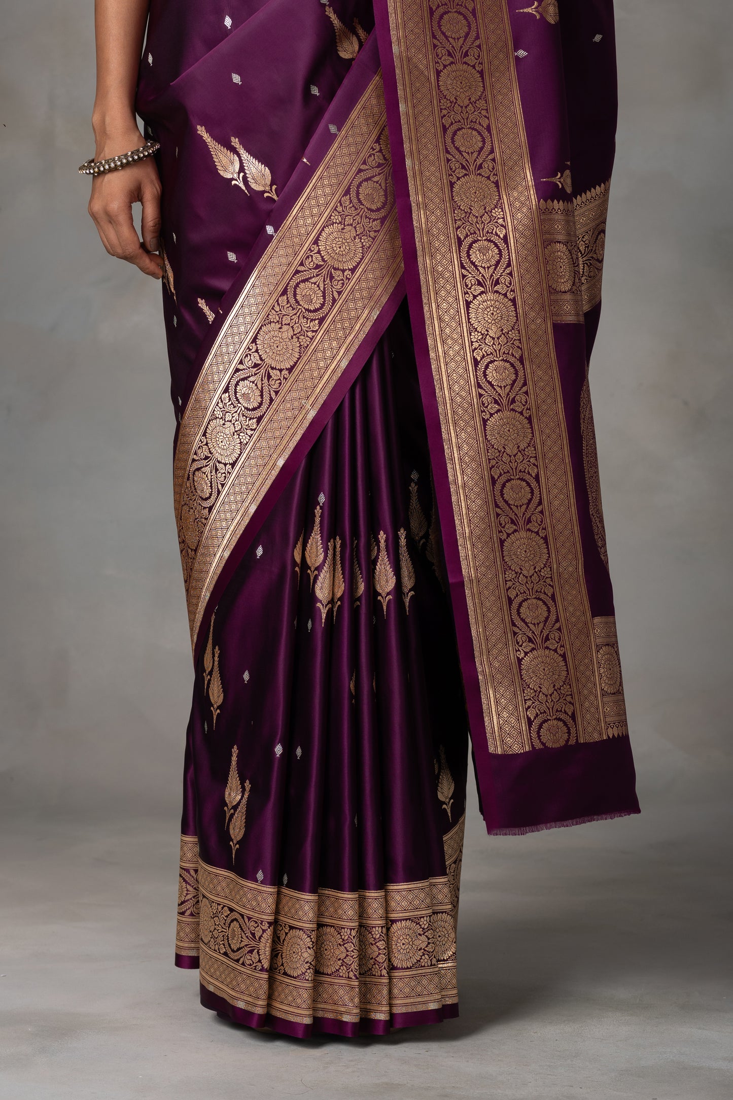 Plum Banarasi Silk Saree with Antique Gold & Silver Zari Detailing