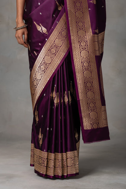 Plum Banarasi Silk Saree with Antique Gold & Silver Zari Detailing