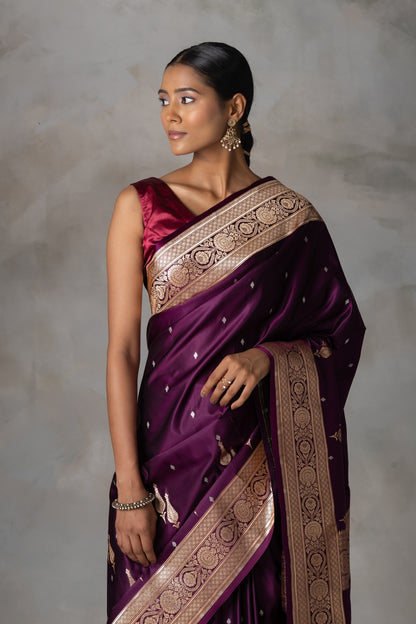 Plum Banarasi Silk Saree with Antique Gold & Silver Zari Detailing