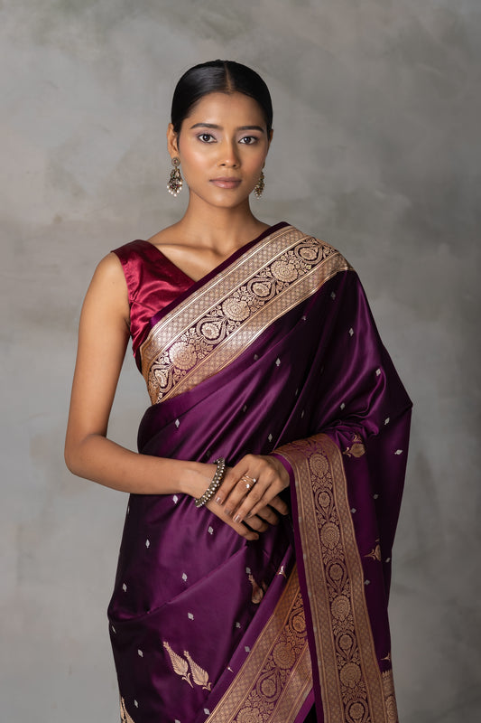 Plum Banarasi Silk Saree with Antique Gold & Silver Zari Detailing
