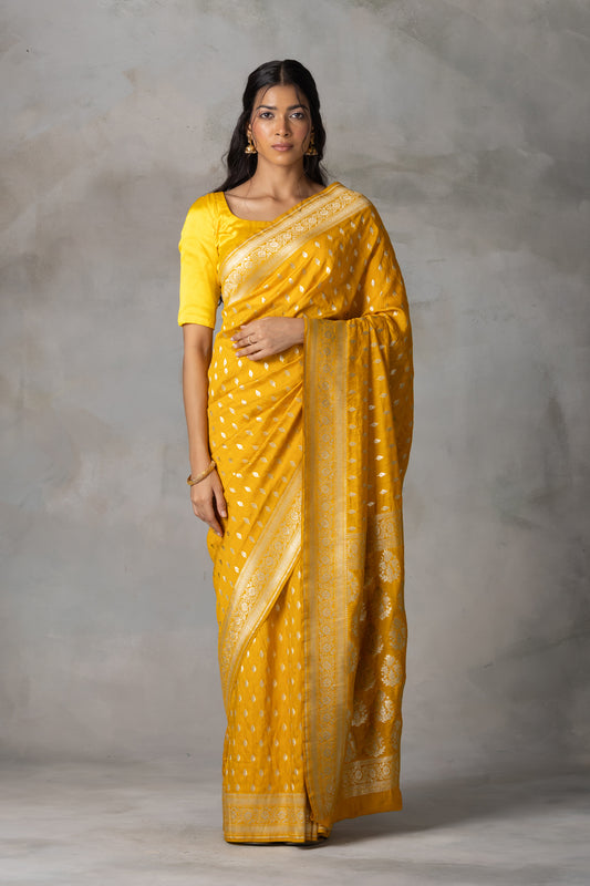 Sunlit Mustard Banarasi Silk Saree with Zari Butidar Motifs