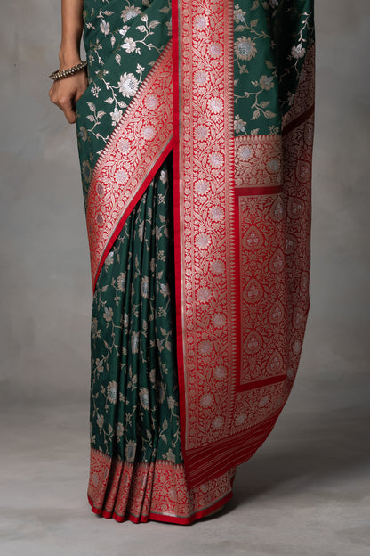 Elegant Bottle Green Banarasi Silk Saree with Red Border & Gold-Silver Zari