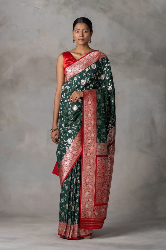 Elegant Bottle Green Banarasi Silk Saree with Red Border & Gold-Silver Zari