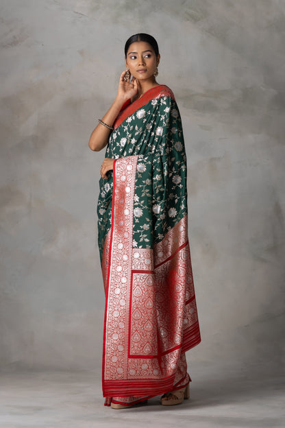 Elegant Bottle Green Banarasi Silk Saree with Red Border & Gold-Silver Zari