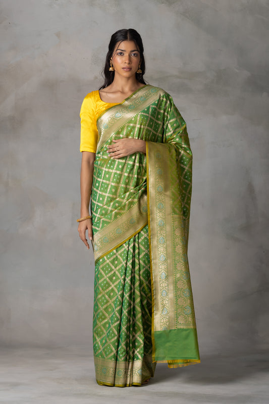 Parrot Green Banarasi Silk Saree with Gold Zari Checks