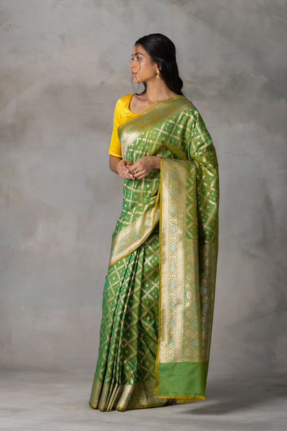 Parrot Green Banarasi Silk Saree with Gold Zari Checks
