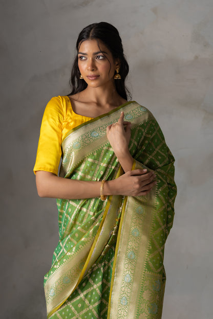 Parrot Green Banarasi Silk Saree with Gold Zari Checks