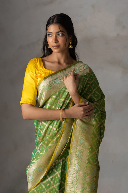 Parrot Green Banarasi Silk Saree with Gold Zari Checks