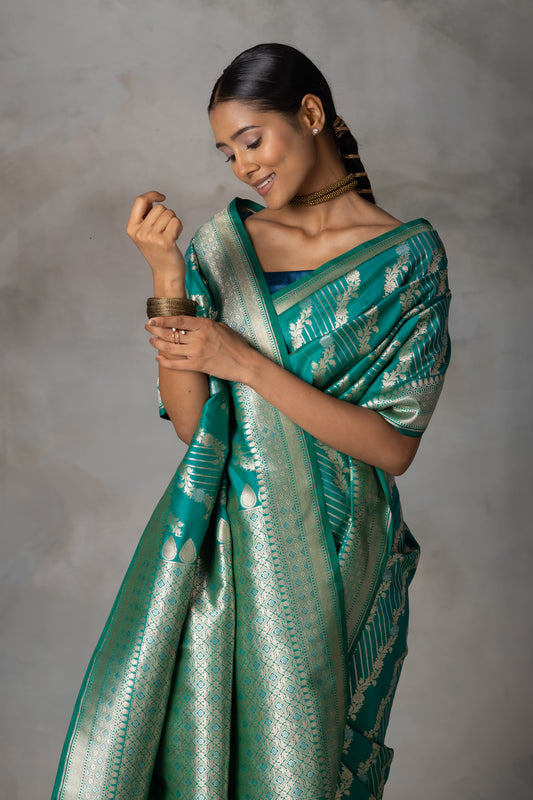 Emerald Green Banarasi Silk Saree with Gold Zari Weaving