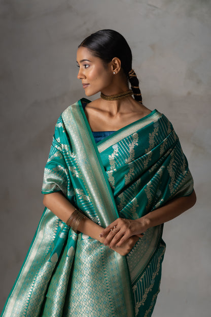 Emerald Green Banarasi Silk Saree with Gold Zari Weaving