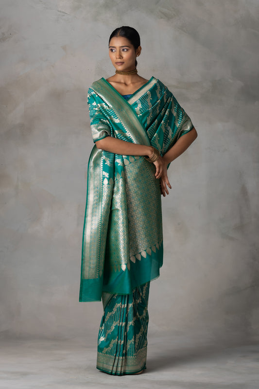 Emerald Green Banarasi Silk Saree with Gold Zari Weaving