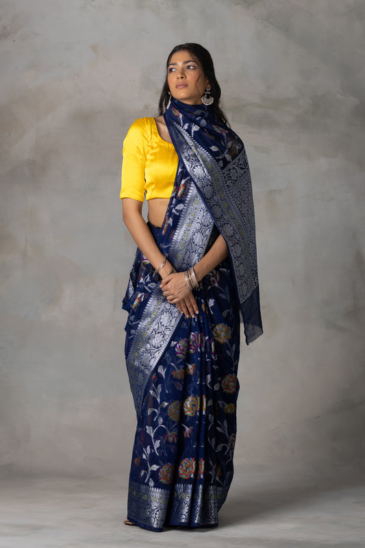 Navy Blue Banarasi Georgette (Chiffon) Saree with Silver Zari & Meenakari Floral Weaving