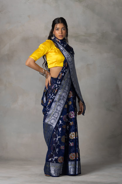 Navy Blue Banarasi Georgette (Chiffon) Saree with Silver Zari & Meenakari Floral Weaving