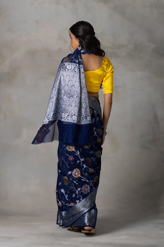 Navy Blue Banarasi Georgette (Chiffon) Saree with Silver Zari & Meenakari Floral Weaving