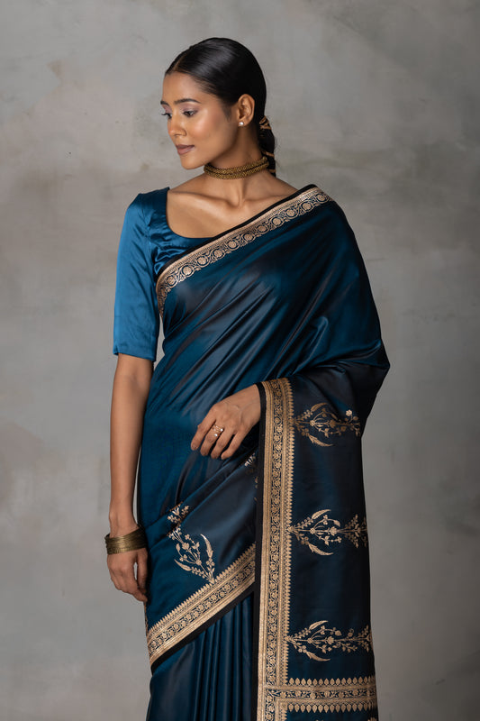 Teal Blue Banarasi Silk Saree with Gold Zari Work