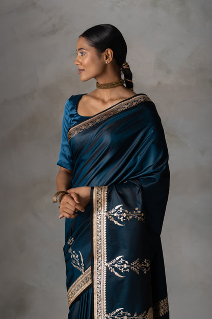 Teal Blue Banarasi Silk Saree with Gold Zari Work