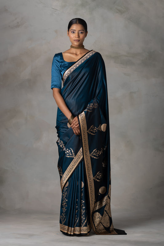 Teal Blue Banarasi Silk Saree with Gold Zari Work