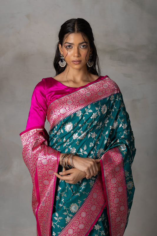Teal and Rani Pink Banarasi Silk Saree with Gold & Silver Zari Work